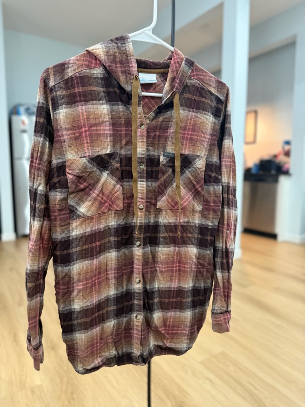 Columbia Plaid Hooded Button-Down Shirt - Burgundy, Tan